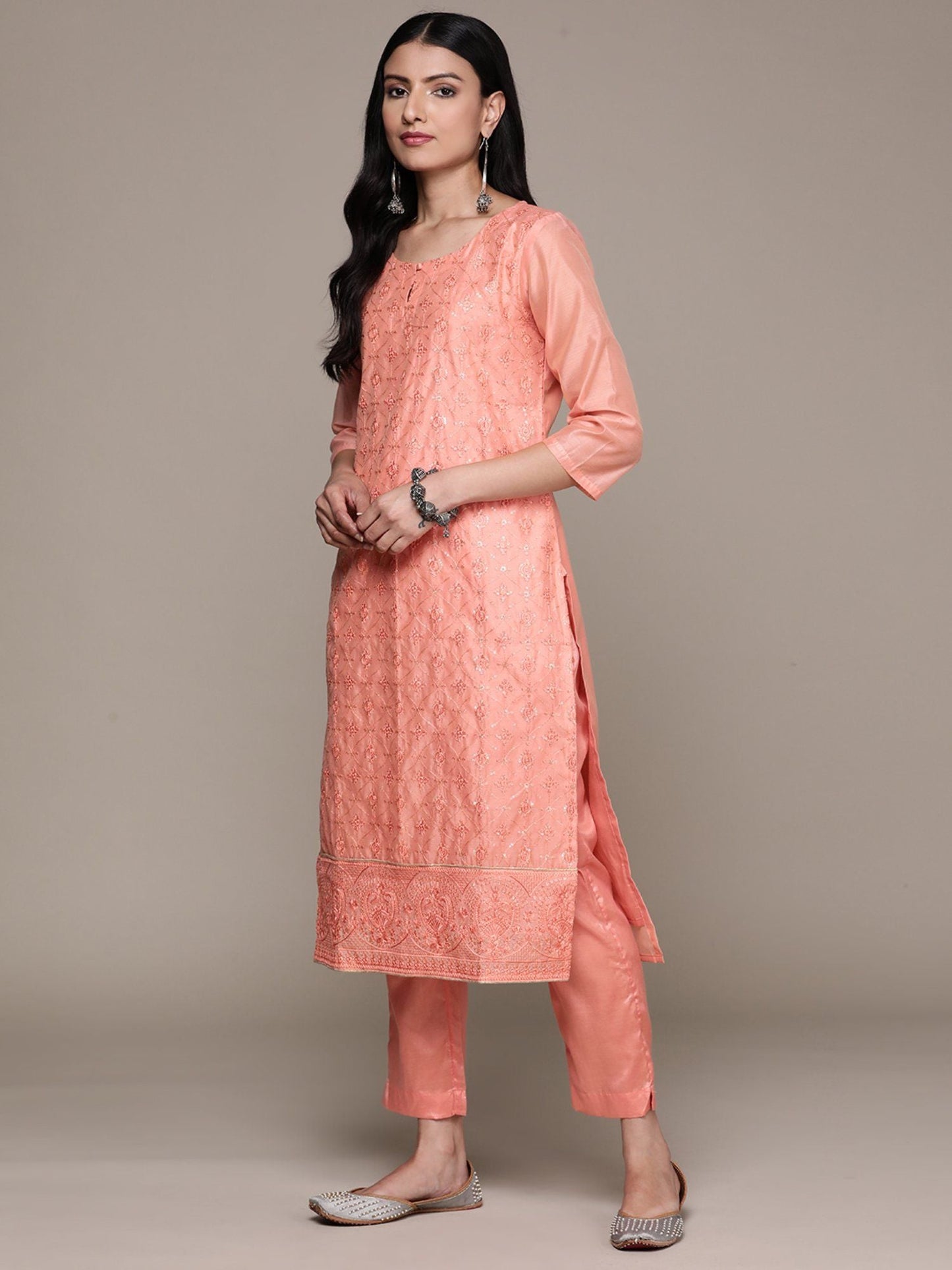 ISHIN Women's Chanderi Silk Embroidered Peach Straight Kurta Suit with Trousers (Set of 2)