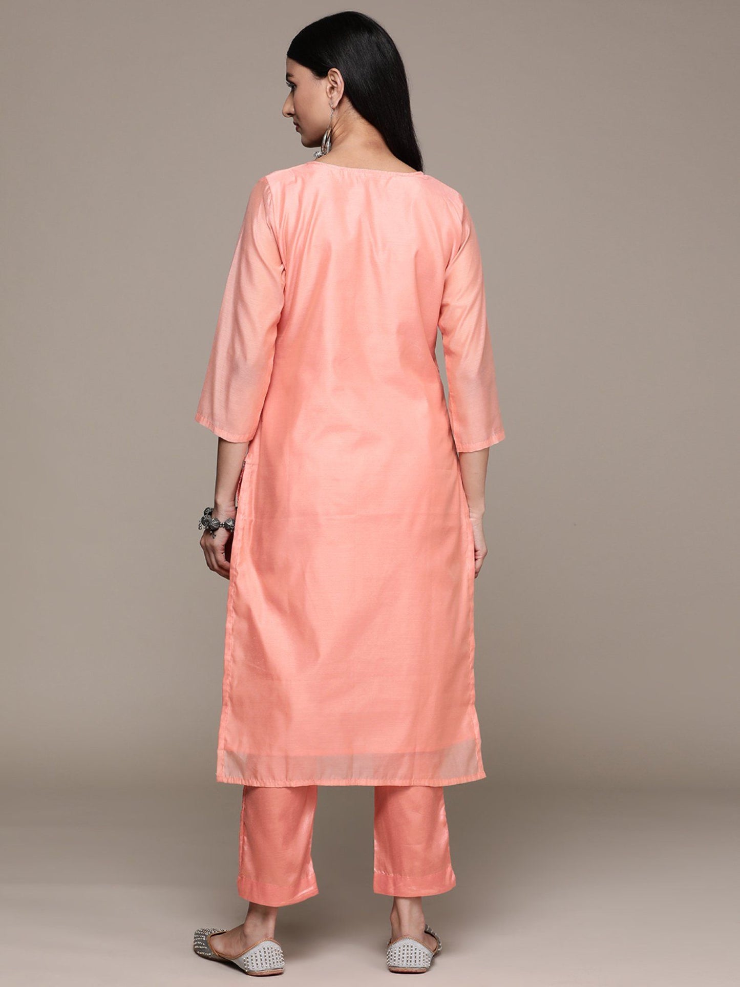 ISHIN Women's Chanderi Silk Embroidered Peach Straight Kurta Suit with Trousers (Set of 2)