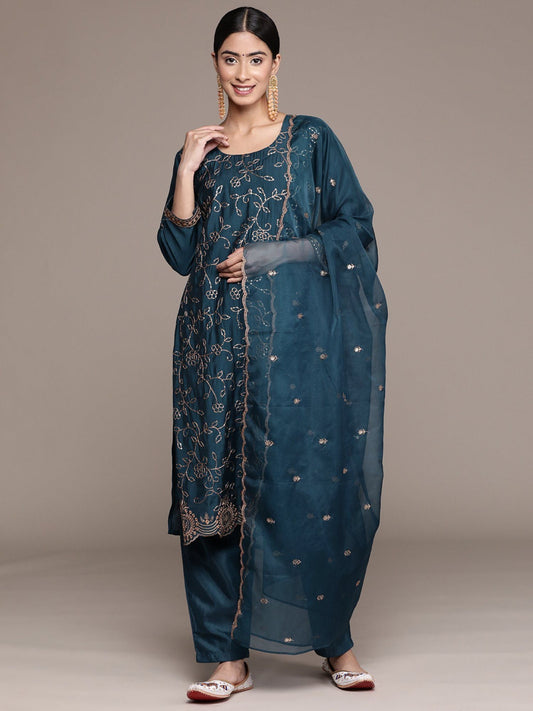ISHIN Women's Teal Embellished Zari Silk Straight Kurta with Trousers & Dupatta