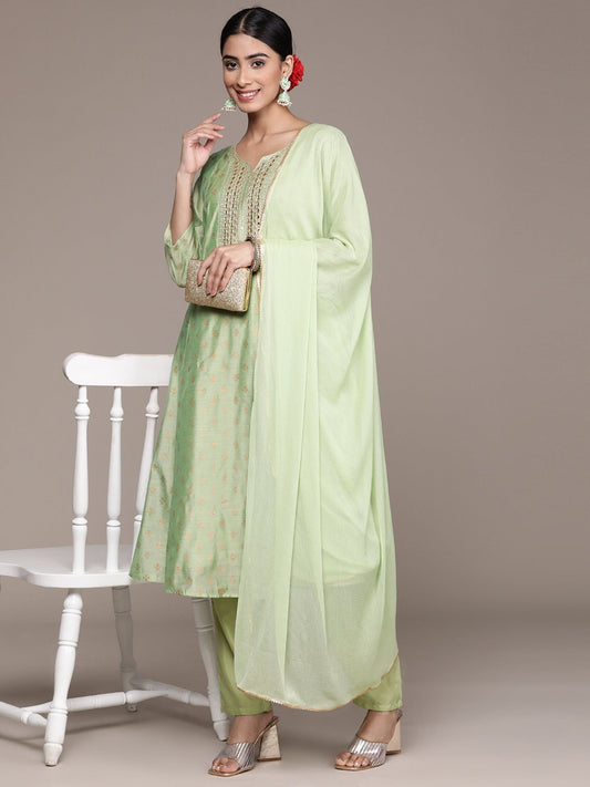 ISHIN Women's Foil Printed Zari Silk Flared Kurta Suit with Trousers & Dupatta (Set of 3)