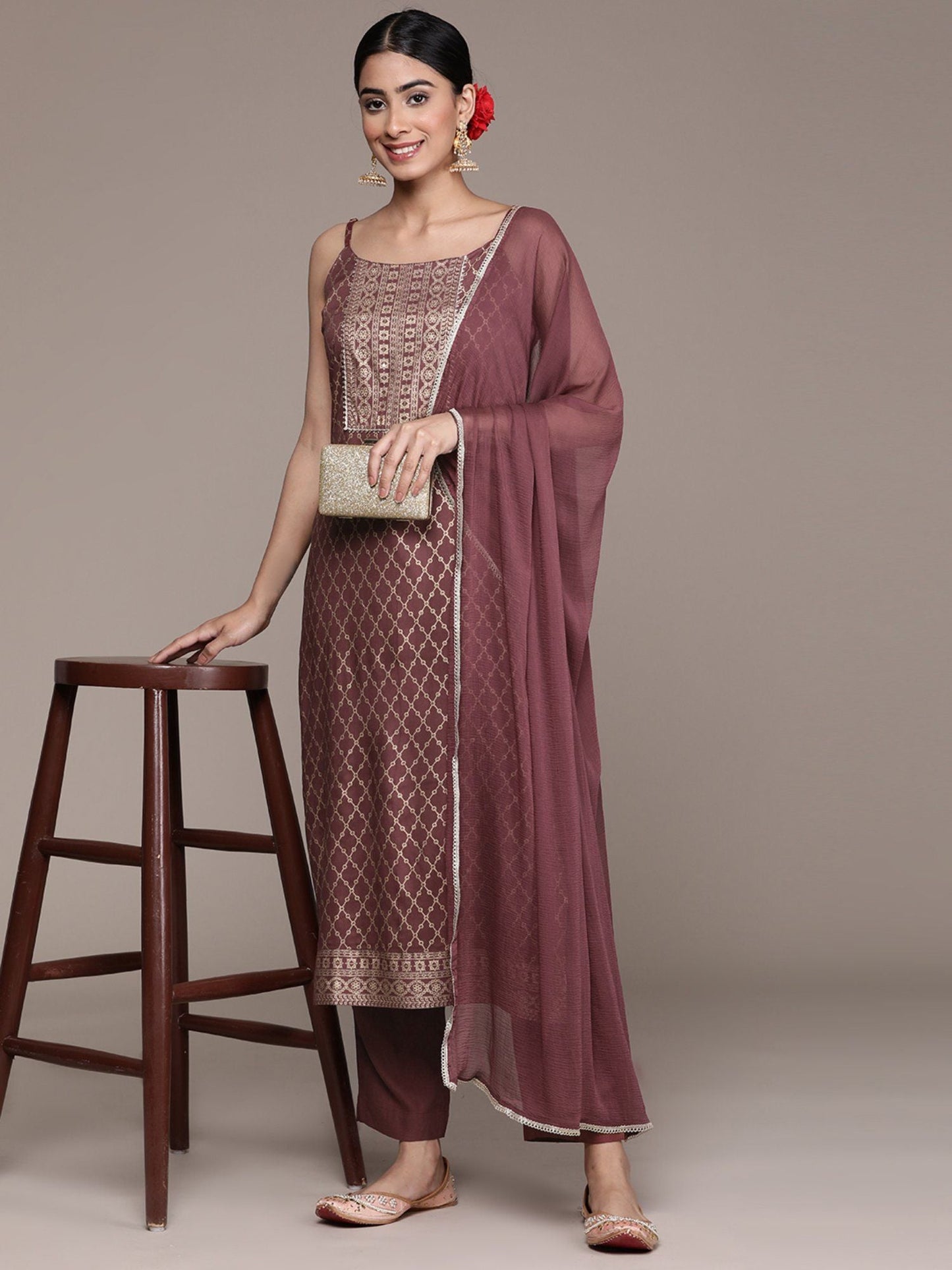 ISHIN Women's Mauve Foil Print Embellished Rayon Kurta with Trousers & Dupatta (Set of 3)