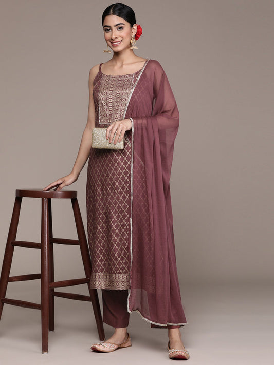 ISHIN Women's Mauve Foil Print Embellished Rayon Kurta with Trousers & Dupatta (Set of 3)