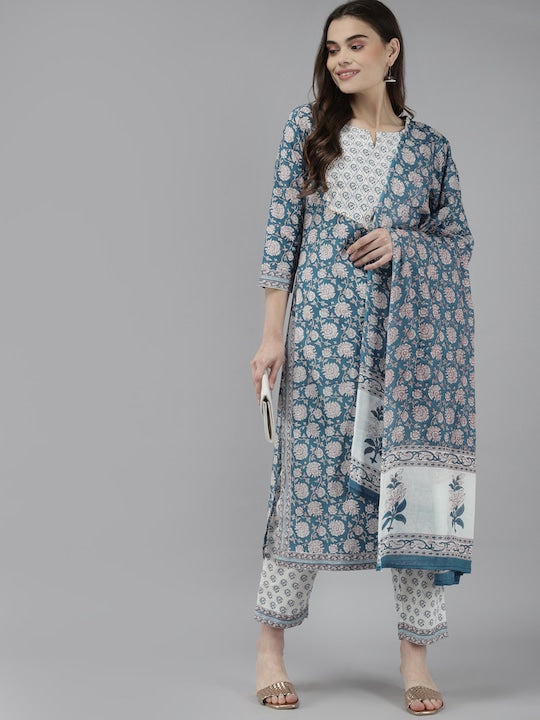 Yufta Women Blue Pure Cotton Yoke Design Sequinned Kurta with Palazzos & Dupatta