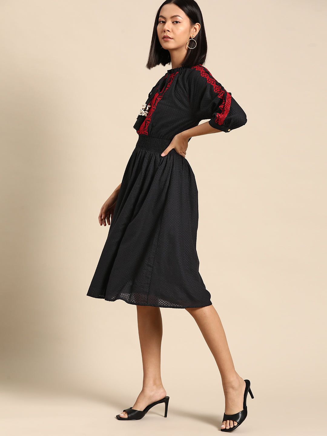 All about you Smocked Dobby Woven Embroidered Tie-Up Neck A-Line Midi Dress