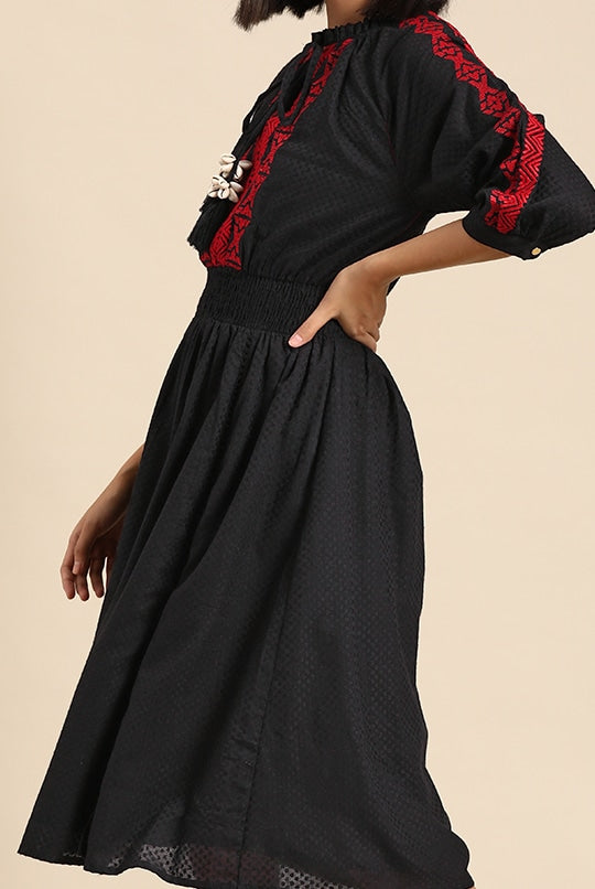 All about you Smocked Dobby Woven Embroidered Tie-Up Neck A-Line Midi Dress