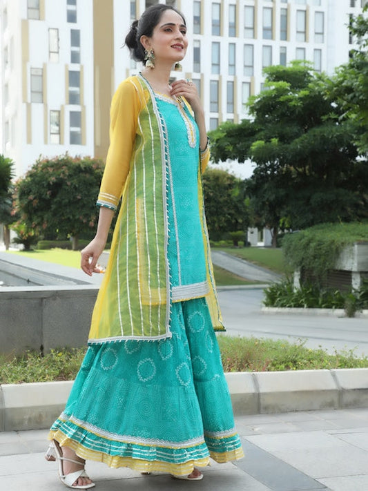 AKS Couture Ethnic Motif Printed Pure Cotton Kurta & Sharara With Jacket & potli Bag