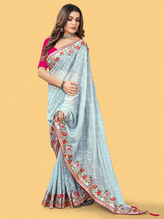 Sangria Grey & Red Geometric Embroidered Organza Sungudi Sarees
