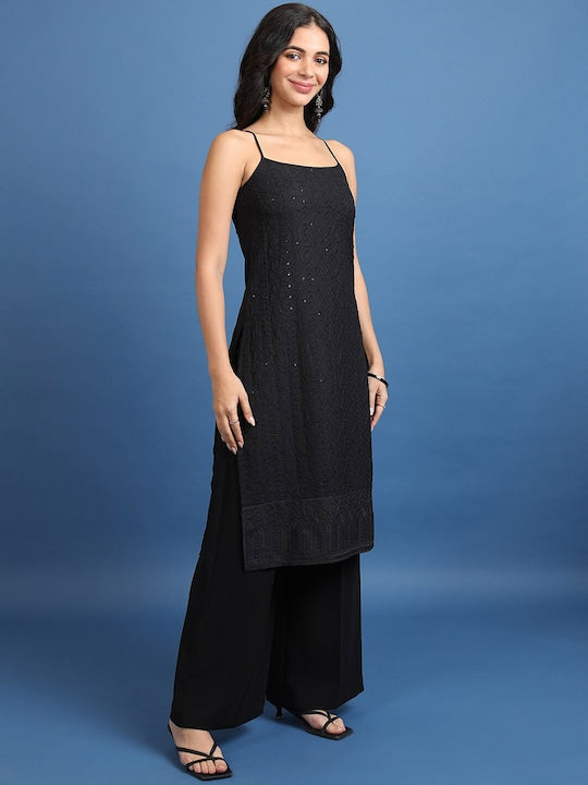 Vishudh Black Floral Embroidered Sequinned Straight Kurta