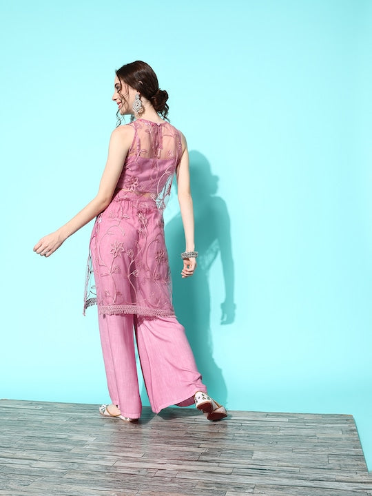 Varanga Floral Embroidered Layered Thread Work Kurta with Palazzos