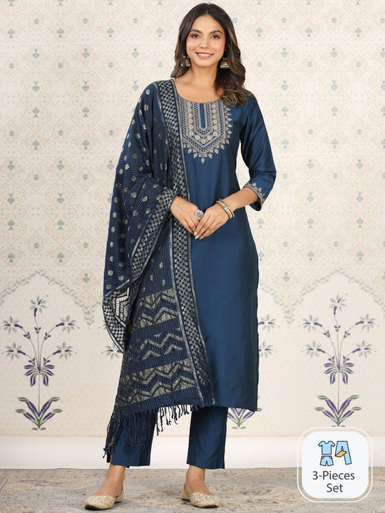 House of Pataudi Ethnic Motifs Embroidered Kurta with Trousers & With Dupatta