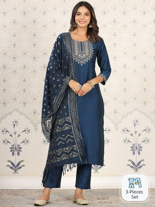 House of Pataudi Ethnic Motifs Embroidered Kurta with Trousers & With Dupatta