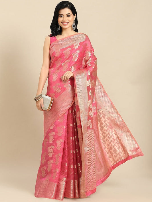 All about you Pink & Gold-Toned Woven Design Zari Organza Saree