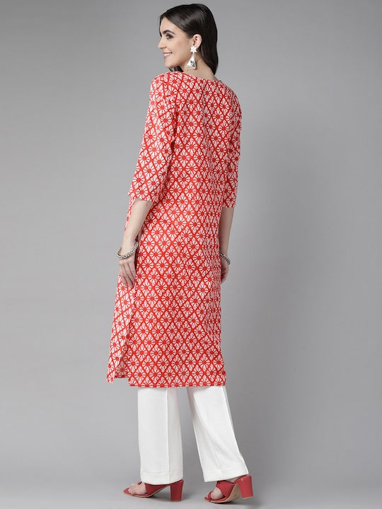 Yufta Women Coral Pink & White Ethnic Motifs Print Pure Cotton Straight Kurta