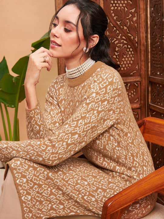 Shae by Sassafras Beige Abstract Self Design Woolen Straight Kurta