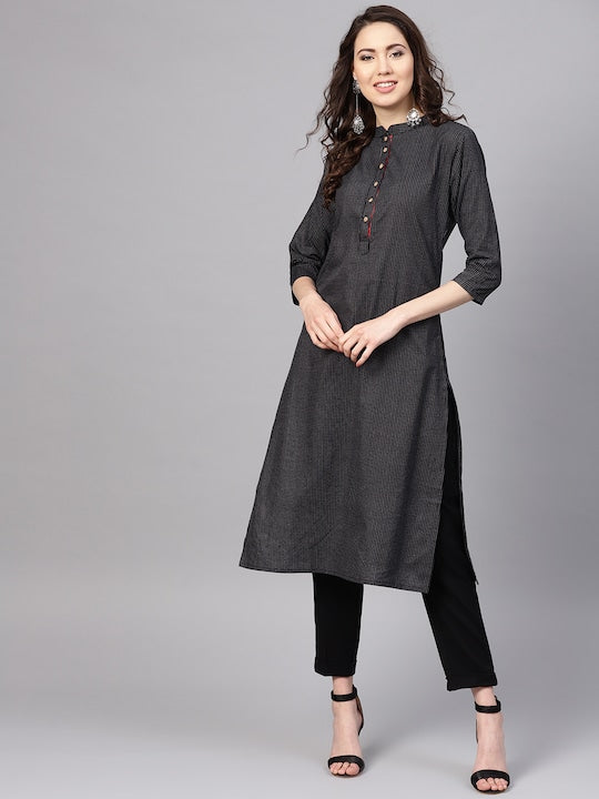Myshka Women Black & White Striped Straight Kurta