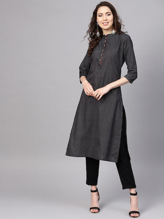 Myshka Women Black & White Striped Straight Kurta