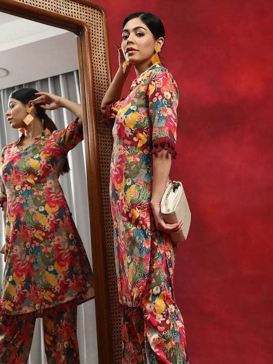 AKS Couture Floral Printed Shirt Collar Regular Pure Cotton Kurta With Salwar