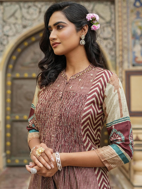 Scakhi Ethnic Motifs Printed Pleated Kurta With Trousers