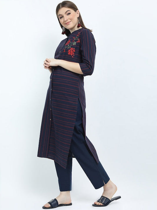 Vishudh Women Navy Blue & Red Floral Printed Kurta