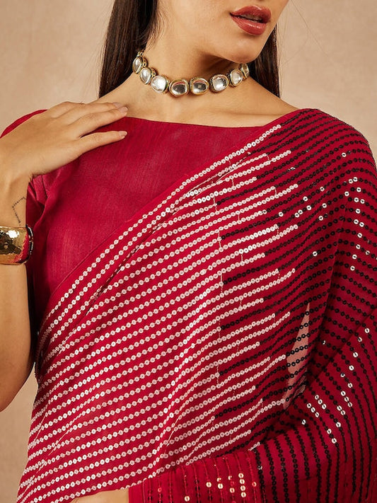 All about you Red Embellished Sequinned Pure Georgette Saree