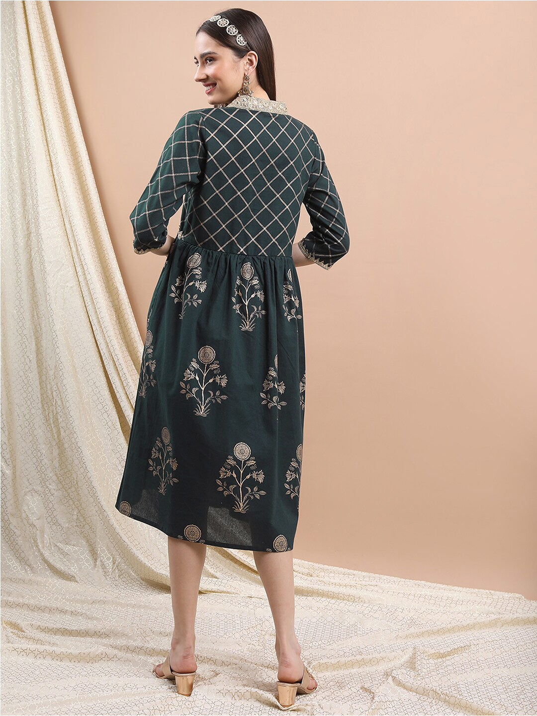 Vishudh V-Neck Floral Printed Sequined Fit & Flare Ethnic Dress