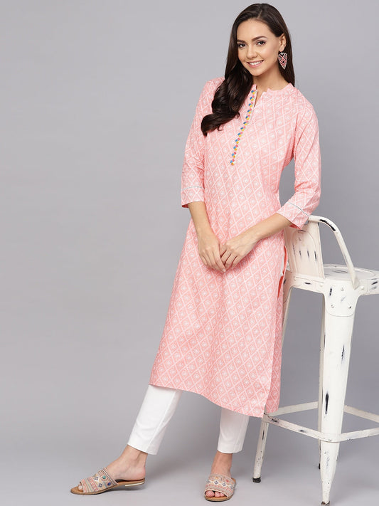 Anubhutee Women Peach Coloured & White Khari Printed Straight Kurta