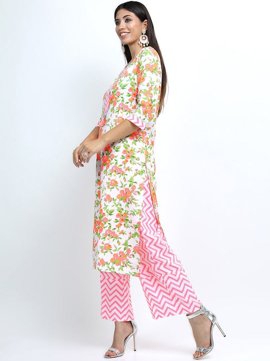 Vishudh Women Off White Floral Printed Gotta Patti Kurta with Palazzos & With Dupatta