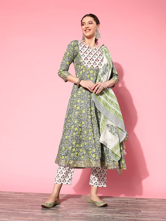 Yufta Ethnic Motifs Printed Gotta Patti Pure Cotton Kurta With Trousers & With Dupatta