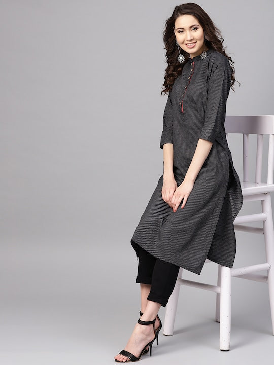 Myshka Women Black & White Striped Straight Kurta
