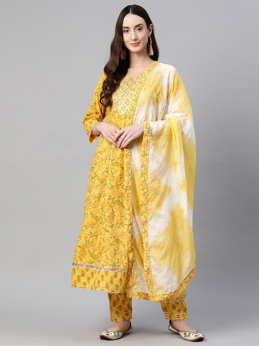 Readiprint Fashions Floral Printed Panelled Pure Cotton Kurta with Palazzos & Dupatta