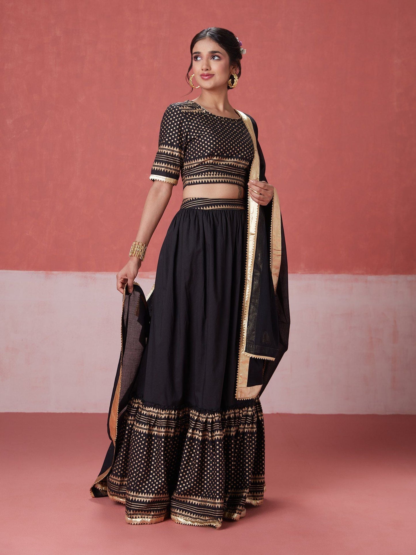Likha Ghoomar Black Printed Tiered Lehenga Choli with Dupatta LIKLEH18 (Set of 3)