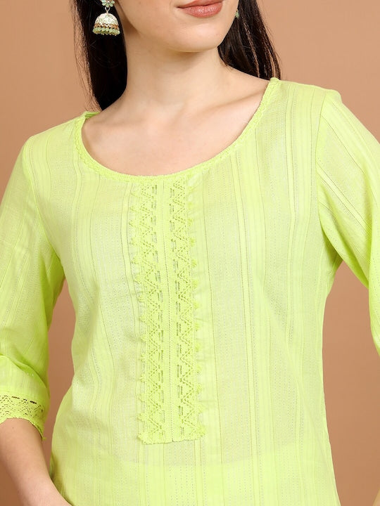 Vishudh Lime Green Striped Pure Cotton Straight Kurta
