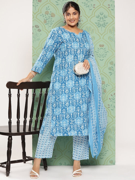 Yufta Plus Size Floral Printed Regular Pure Cotton Kurta with Trousers & Dupatta