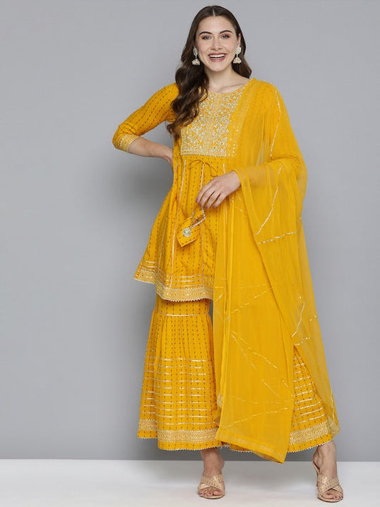 Here&now Gotta Patti Pure Cotton Kurta with Sharara & With Dupatta