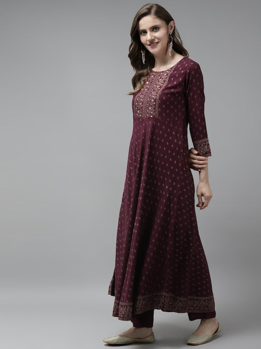 Yufta Women Burgundy Ethnic Motifs Printed Mirror Work Kurta with Trousers & With Dupatta