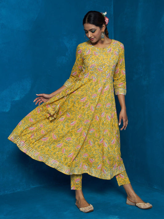 Likha Yellow Floral Printed & Mirror Work Anarkali Co-ord Set LIKSKD88 (Set of 2)