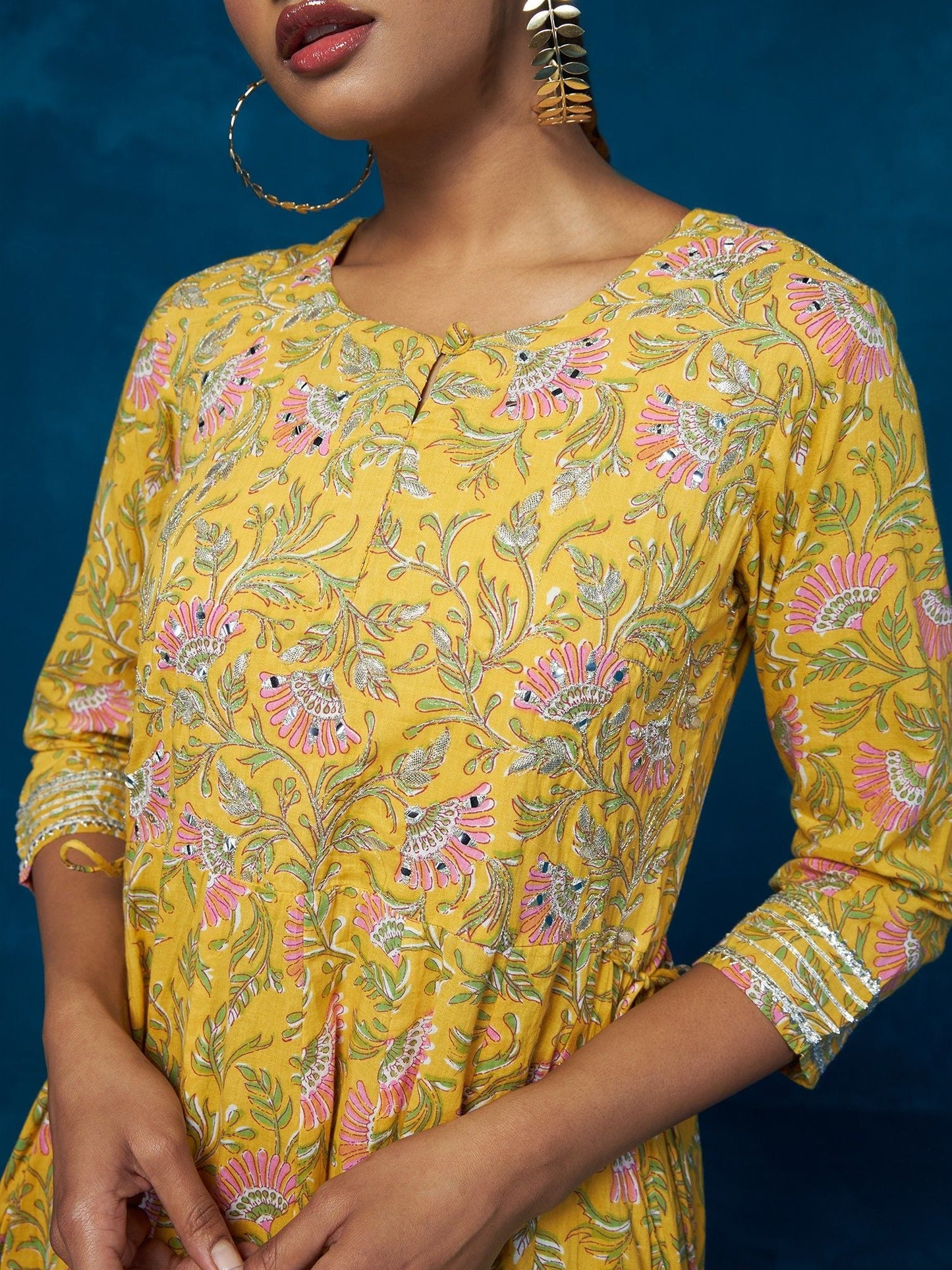 Likha Yellow Floral Printed & Mirror Work Anarkali Co-ord Set LIKSKD88 (Set of 2)