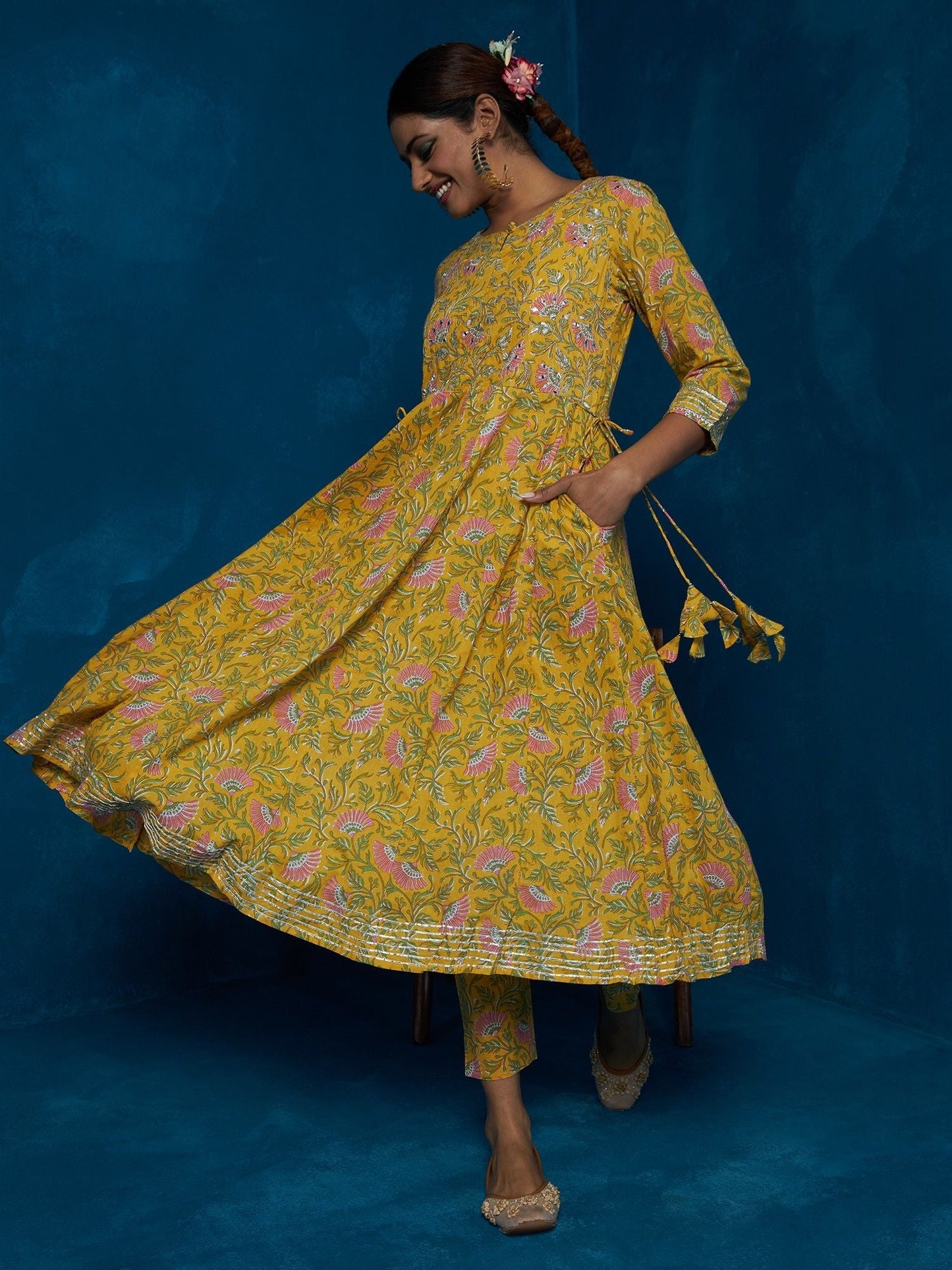 Likha Yellow Floral Printed & Mirror Work Anarkali Co-ord Set LIKSKD88 (Set of 2)