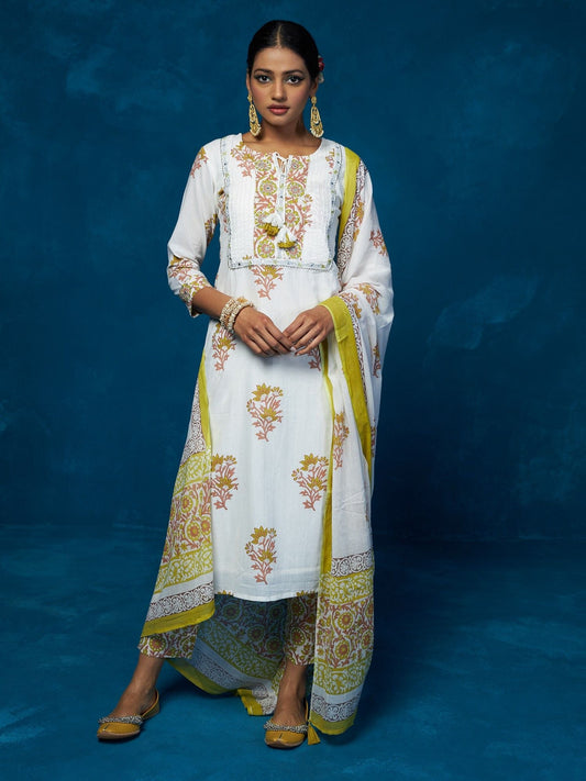 Likha White Block Printed & Mirror Work Kurta, Pant & Dupatta LIKSKD84 (Set of 3)