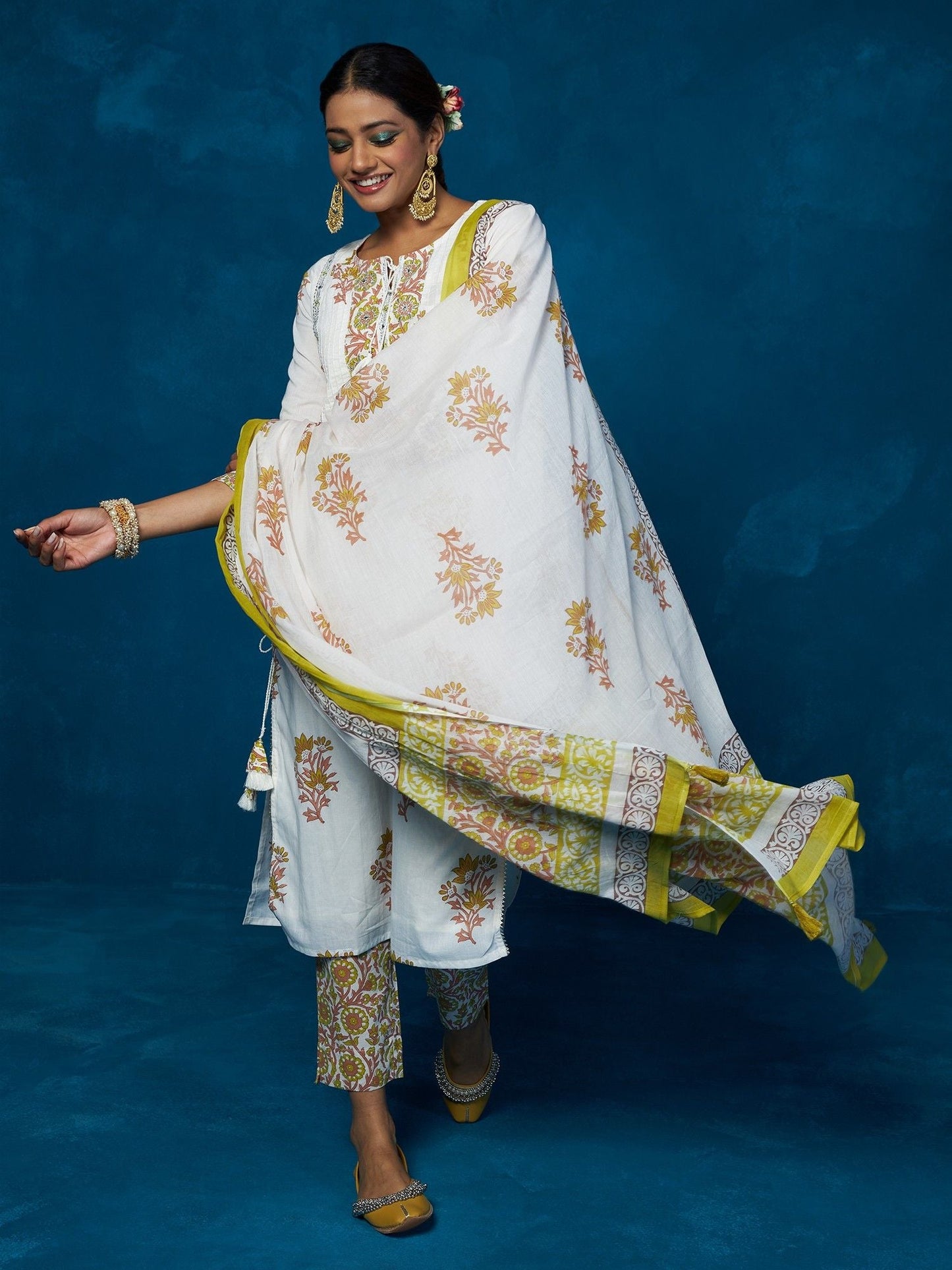 Likha White Block Printed & Mirror Work Kurta, Pant & Dupatta LIKSKD84 (Set of 3)