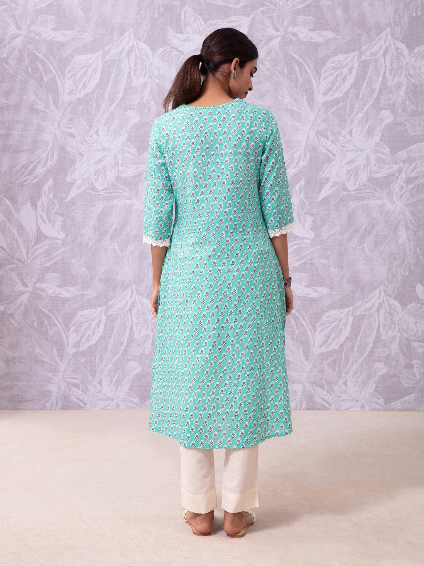 Likha Blue Floral Printed Straight Kurta With Lace Detail