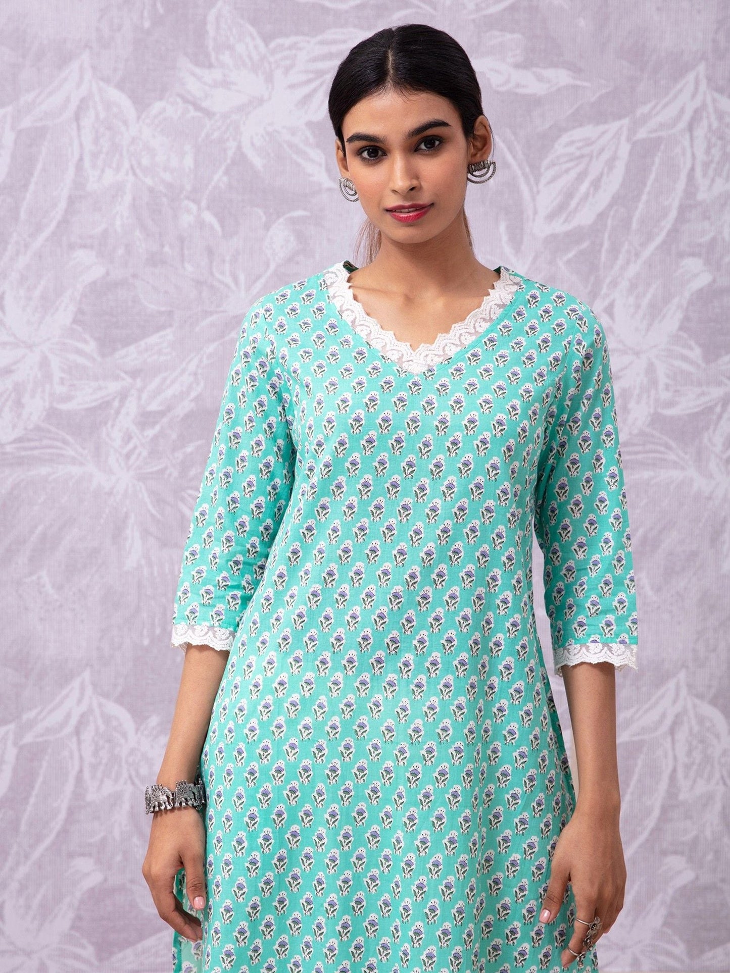 Likha Blue Floral Printed Straight Kurta With Lace Detail