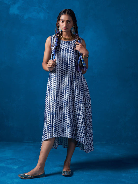 Likha Blue Silver Printed High Low Kurta