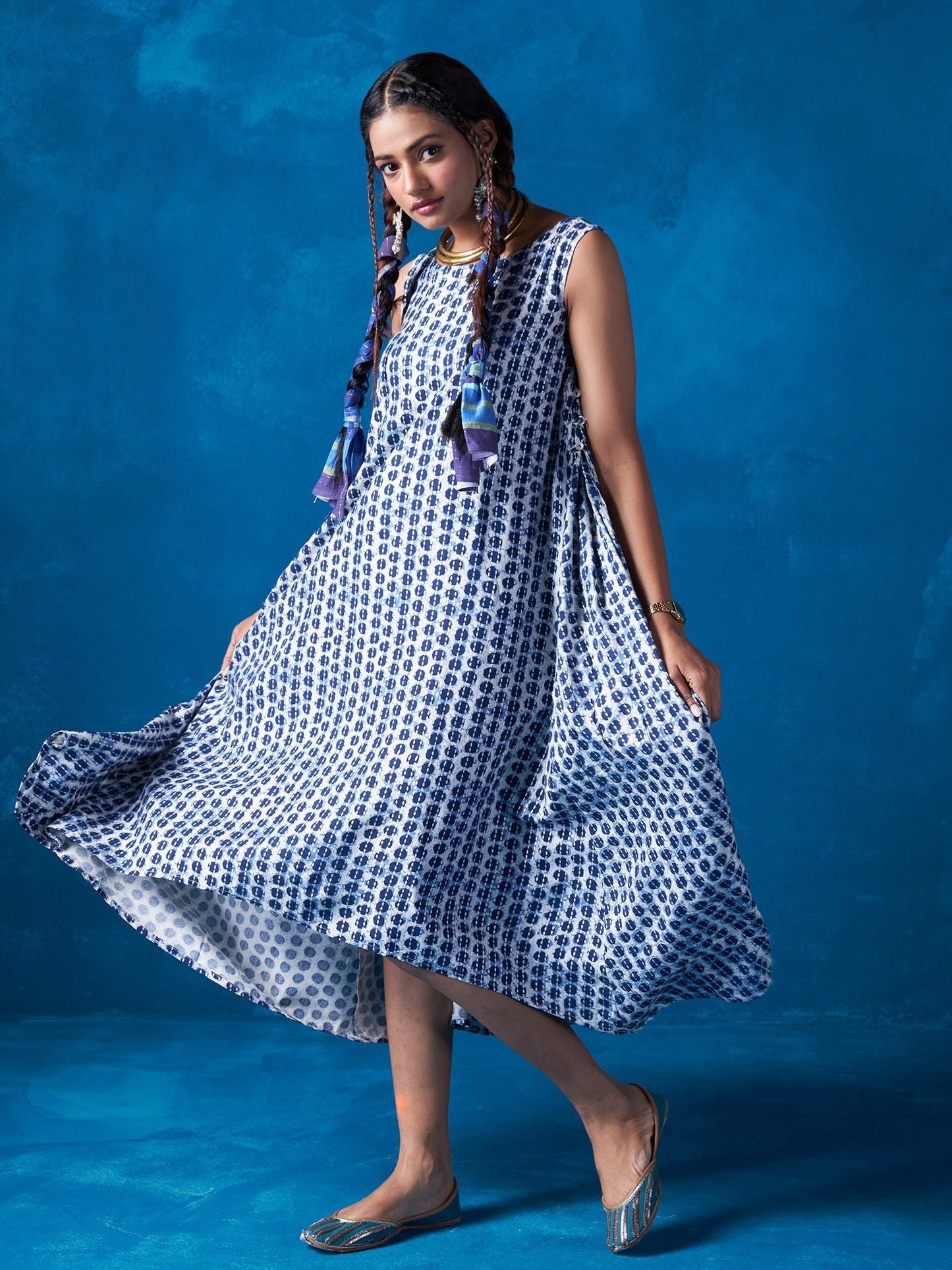 Likha Blue Silver Printed High Low Kurta