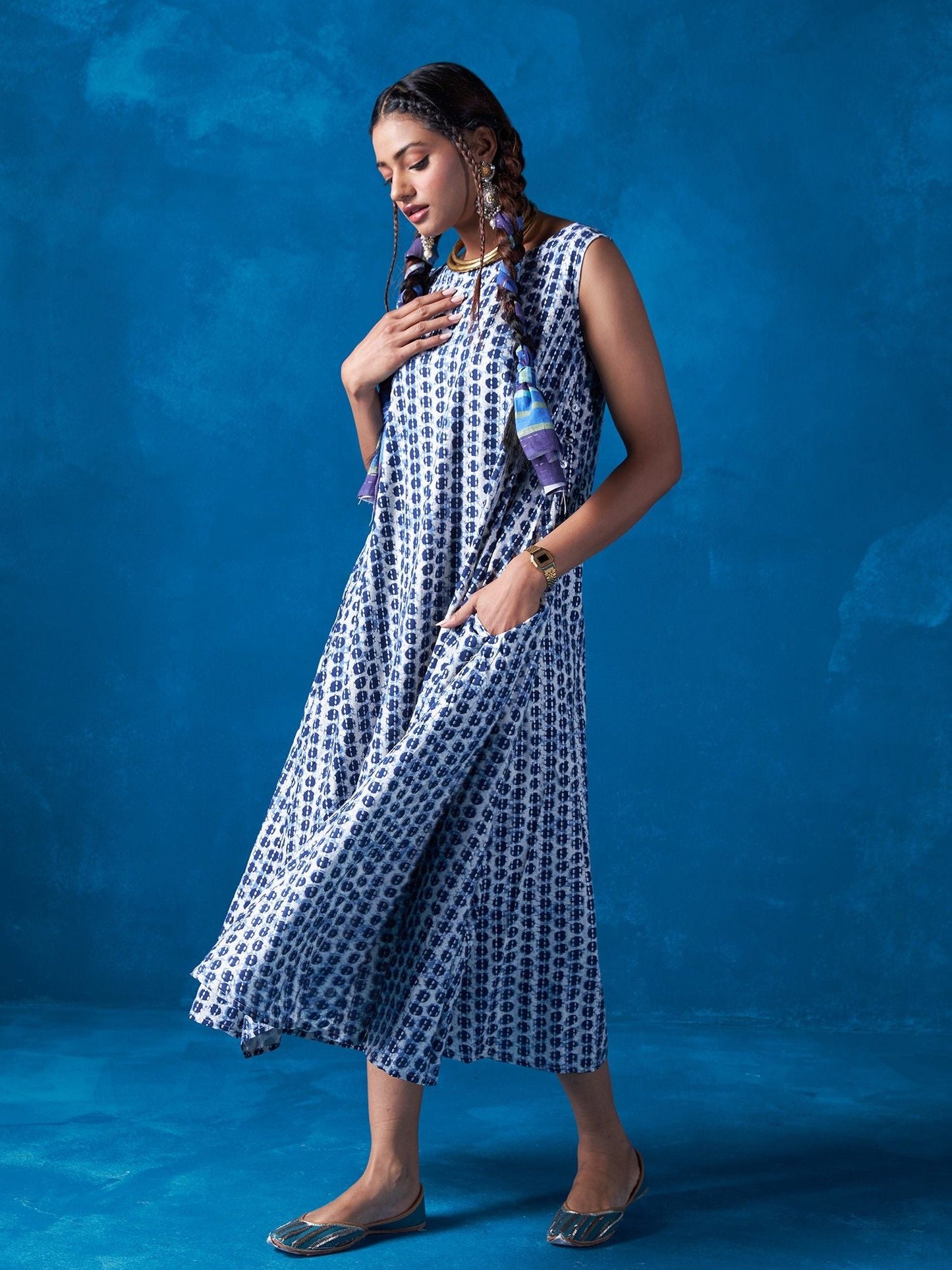 Likha Blue Silver Printed High Low Kurta
