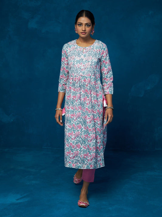Likha White Floral Printed & Mirror Work Naira Cut Co-ord Set LIKSKD75 (Set of 2)