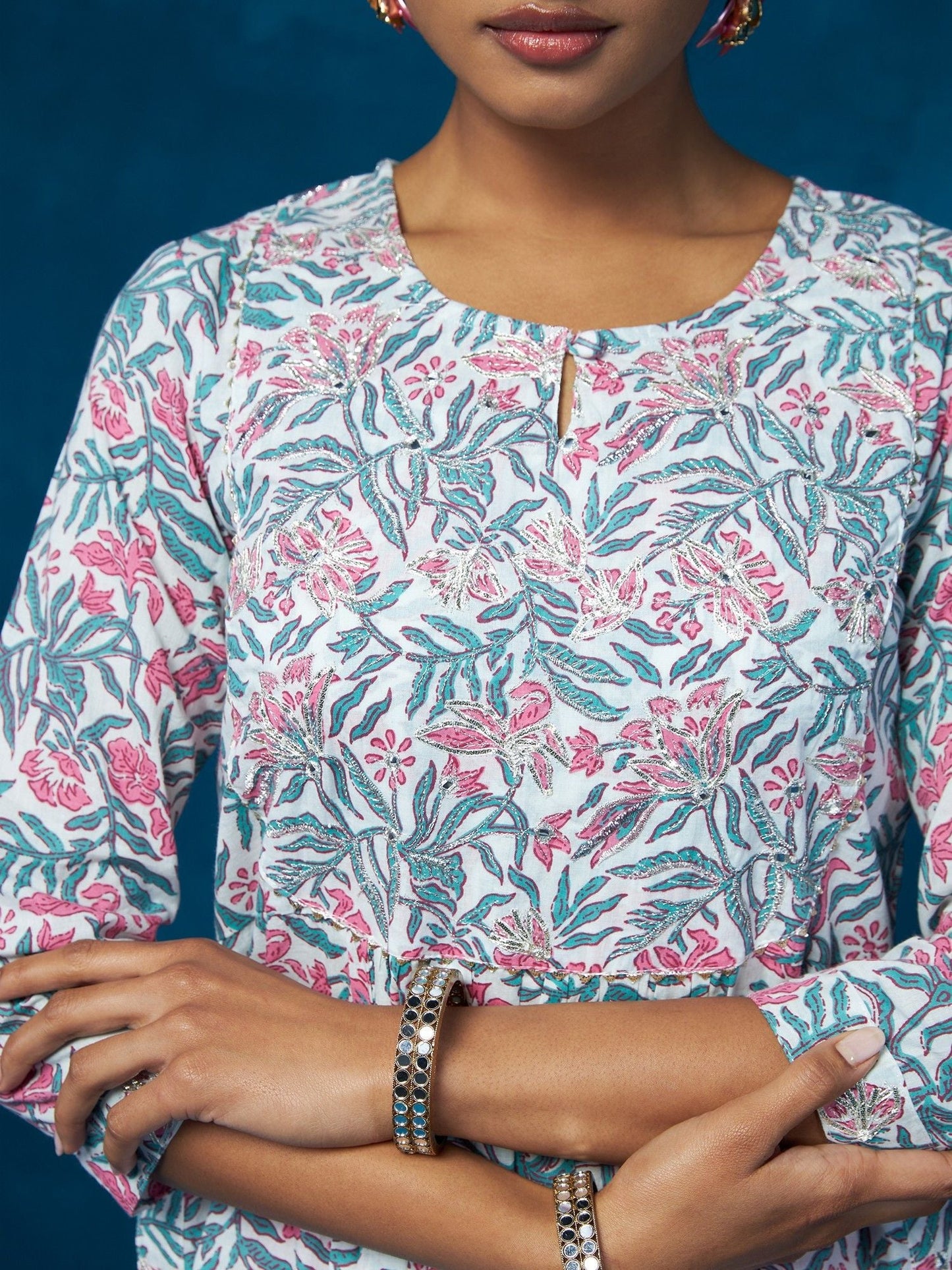 Likha White Floral Printed & Mirror Work Naira Cut Co-ord Set LIKSKD75 (Set of 2)