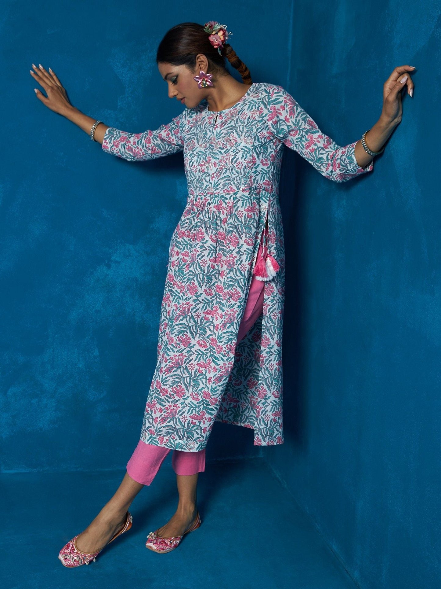 Likha White Floral Printed & Mirror Work Naira Cut Co-ord Set LIKSKD75 (Set of 2)