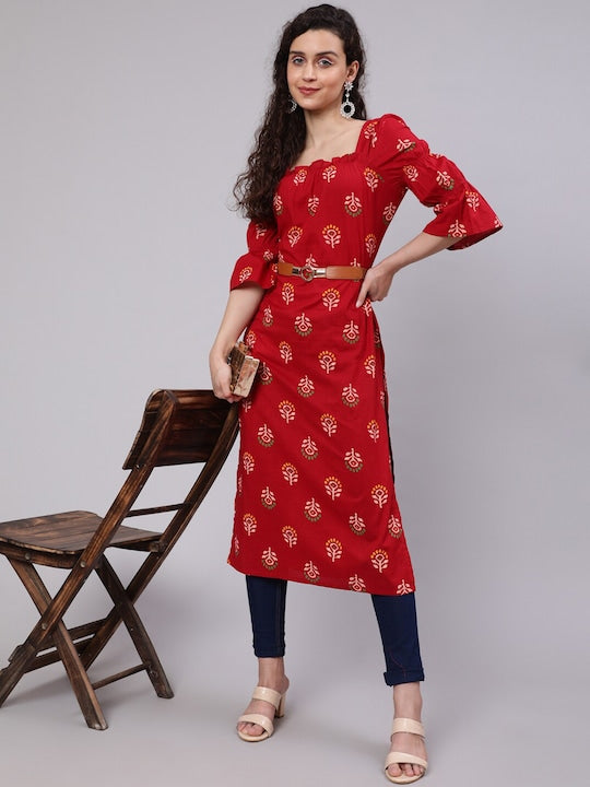 AKS Ethnic Motifs Printed Square Neck Puff Sleeves Cotton Kurta