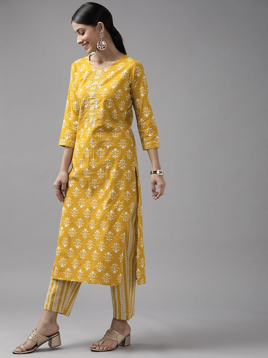 Yufta Women Mustard Yellow Floral Printed Pure Cotton Kurta with Trousers & With Dupatta